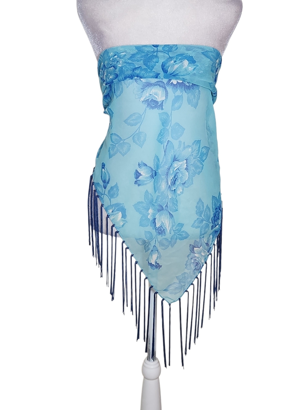 Cejon Sheer Blue Floral Fringe Wrap NWT 68" X 33"